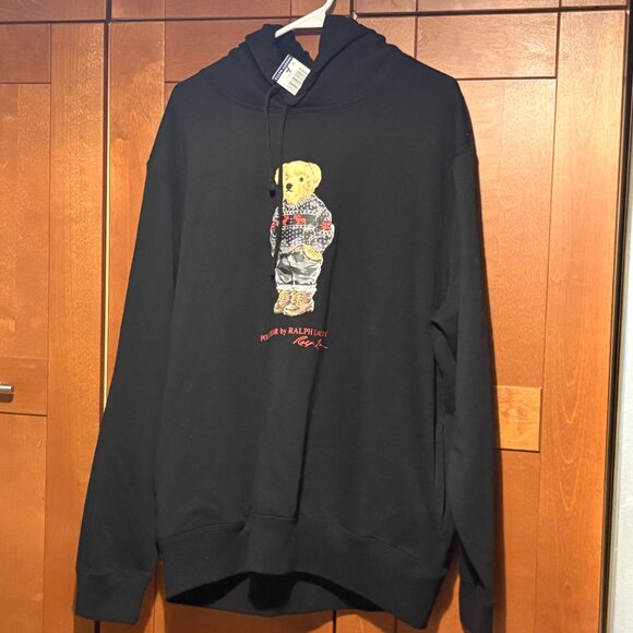 Polo Ralph Lauren Men Polo Bear Fleece Hoodie Black Cotton Pullover XL/ TG $188 - Picture 5 of 7